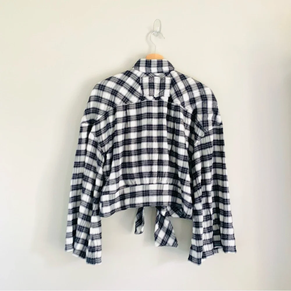 Free People First Bloom Tie Front Plaid Button-Down Top Small Blue Gray Gingham